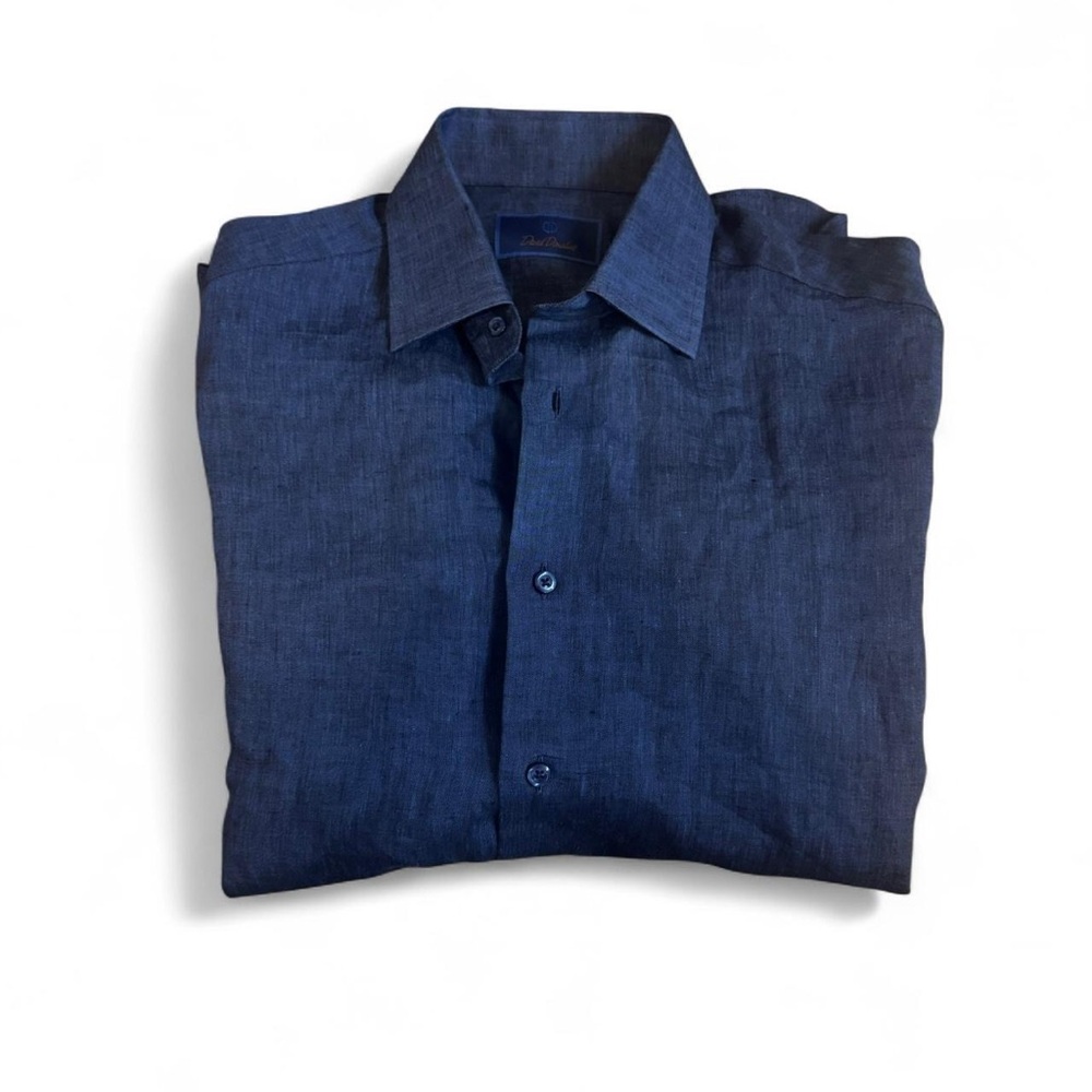 David Donahue 100% linen navy button down shirt